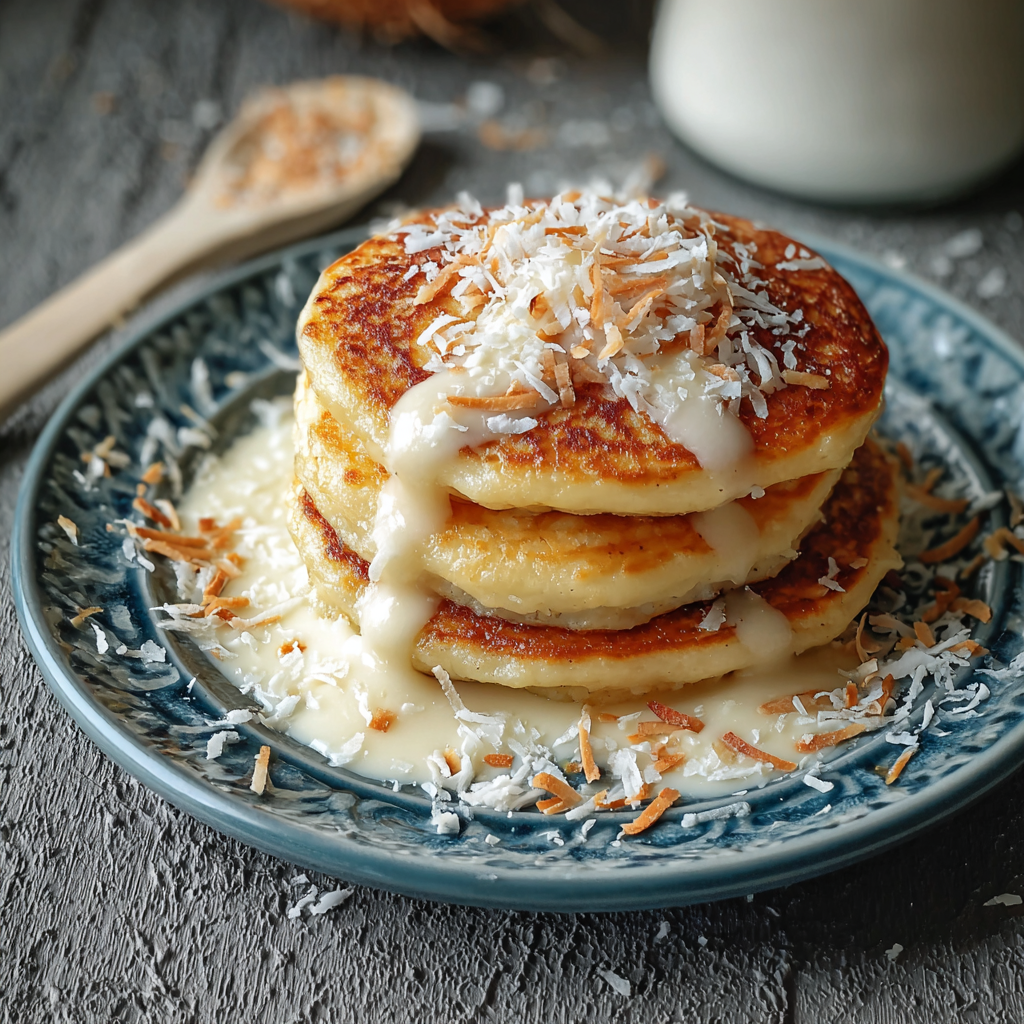 Stack of coconut cream pancakes with toasted coconut