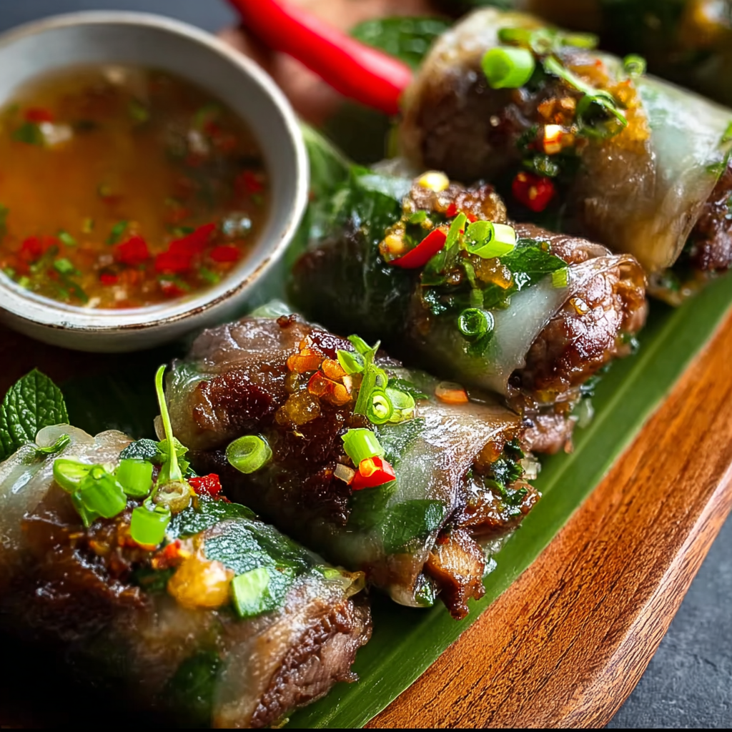 Thinly sliced bell pepper and Thai basil on a cutting board