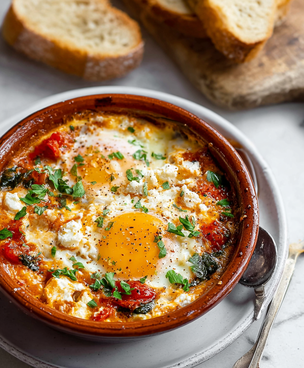 Baked eggs in a baking dish with herbs