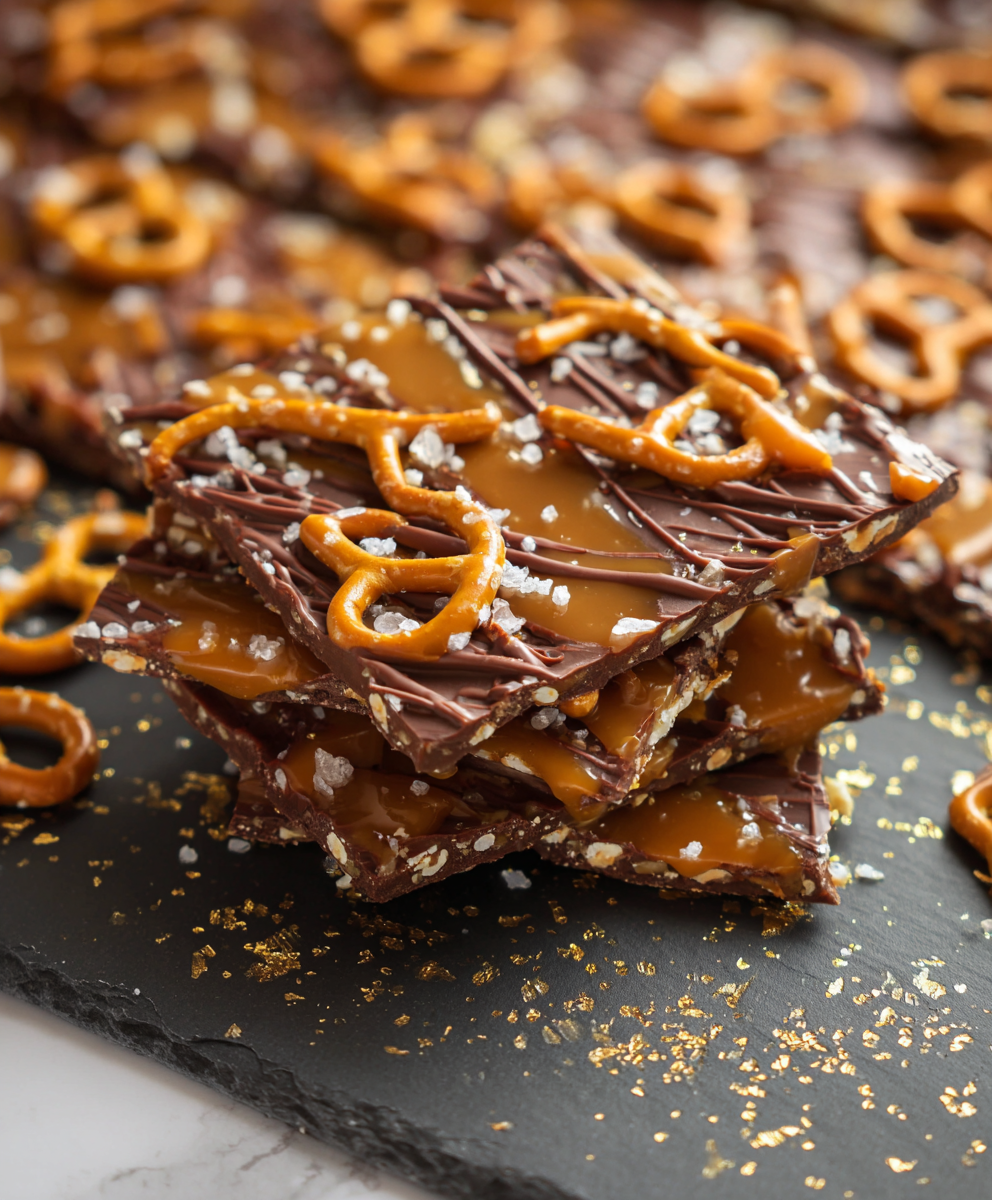 Salted caramel pretzel bark on parchment