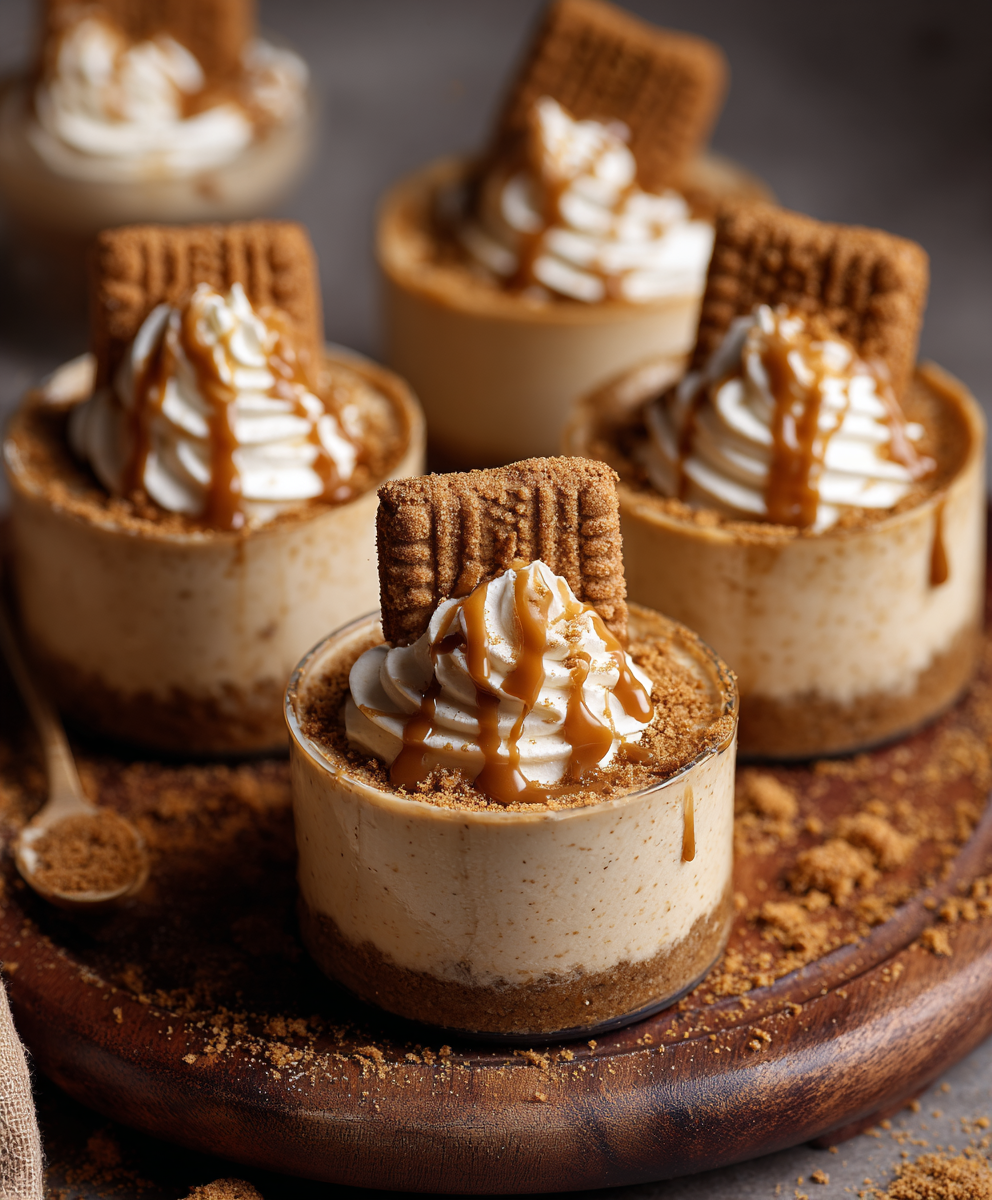 Top view of Biscoff cheesecake cups with crumbled topping