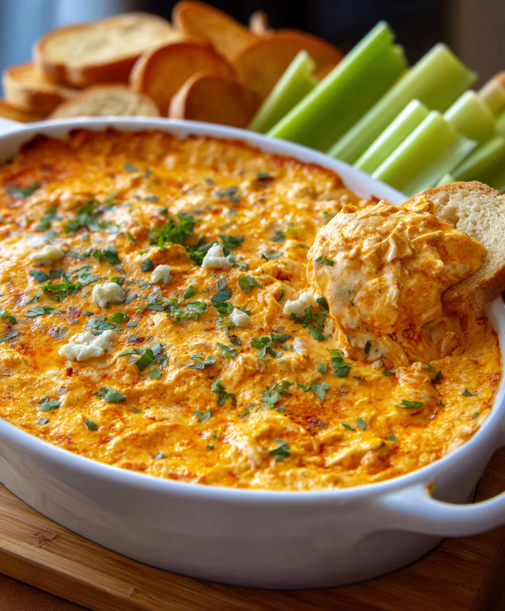 Served buffalo chicken dip with chips and celery