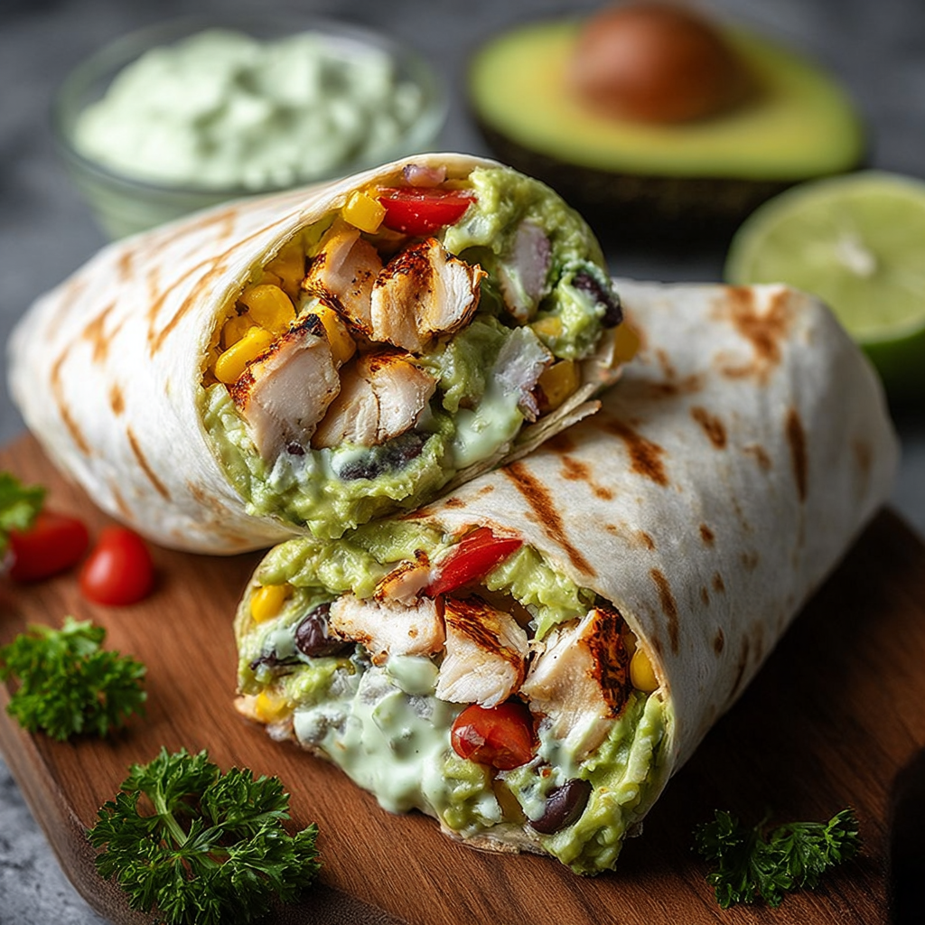 Assembled Chicken Avocado Ranch Burrito on plate