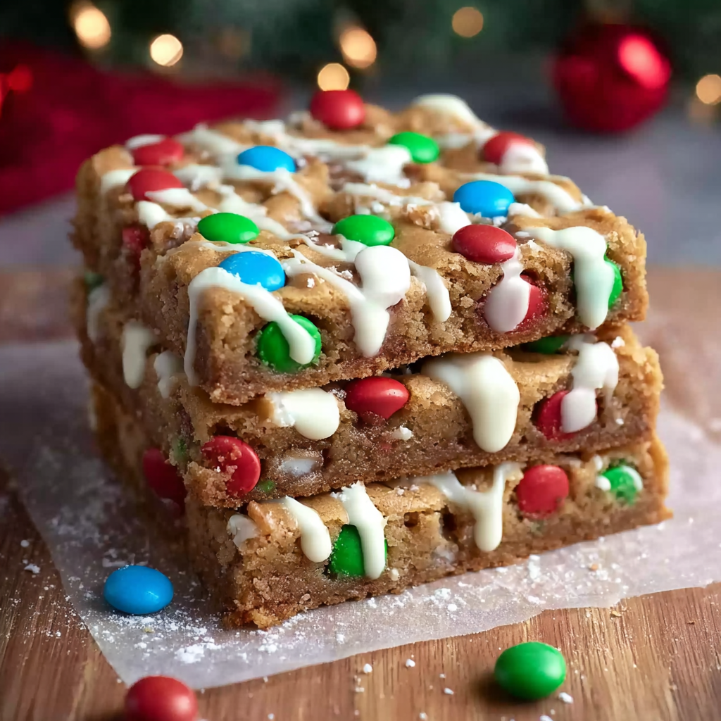 Close up of sliced cookie bars with M&M toppings