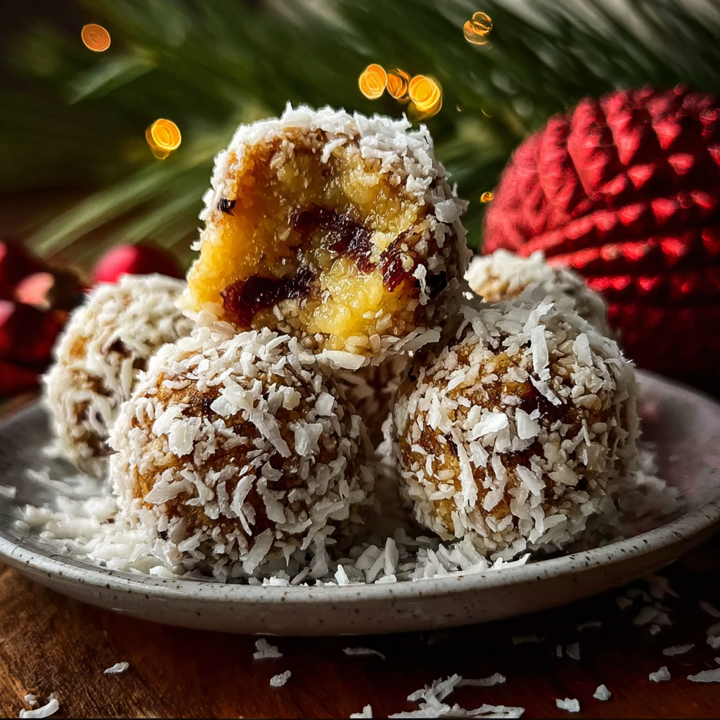 Close-up of a coconut-coated pineapple ball