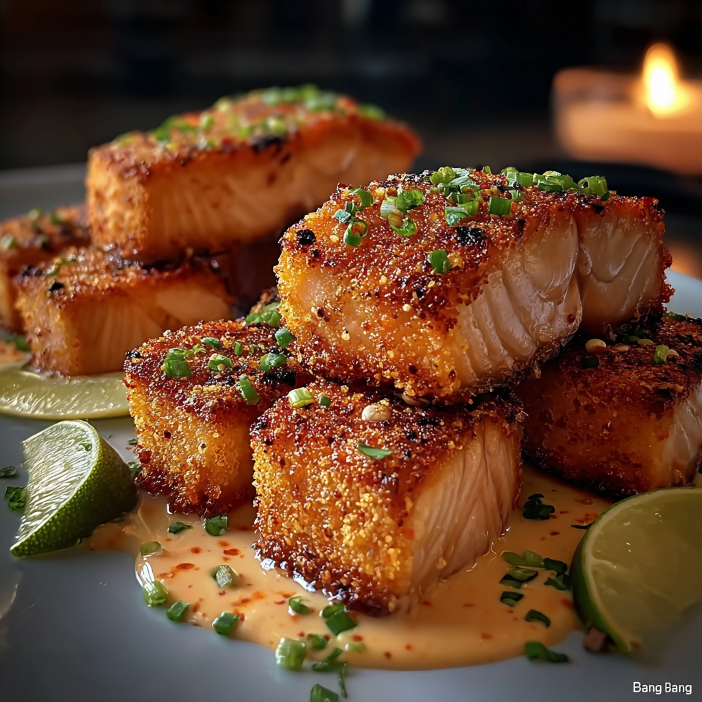 Crispy bang bang salmon bites on a platter with dipping sauce