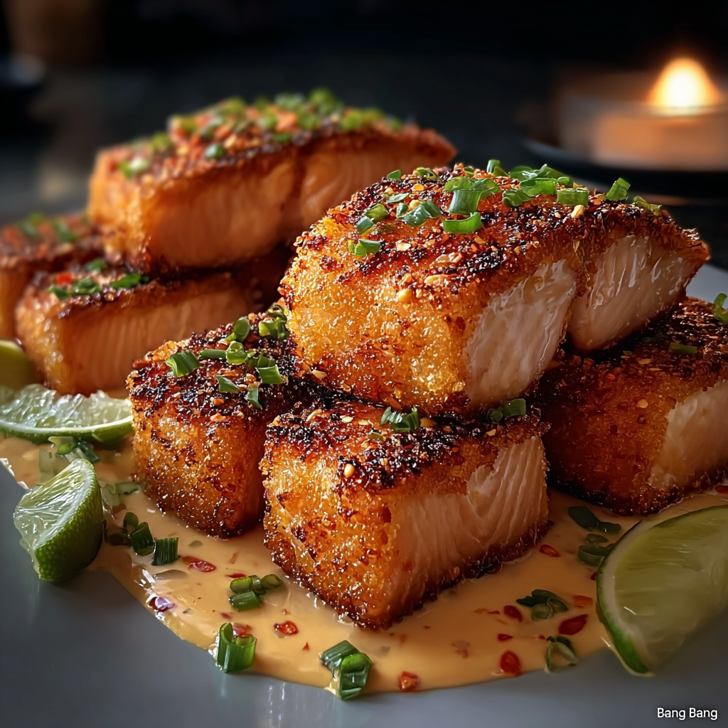 Close-up of panko-coated salmon being fried to golden brown