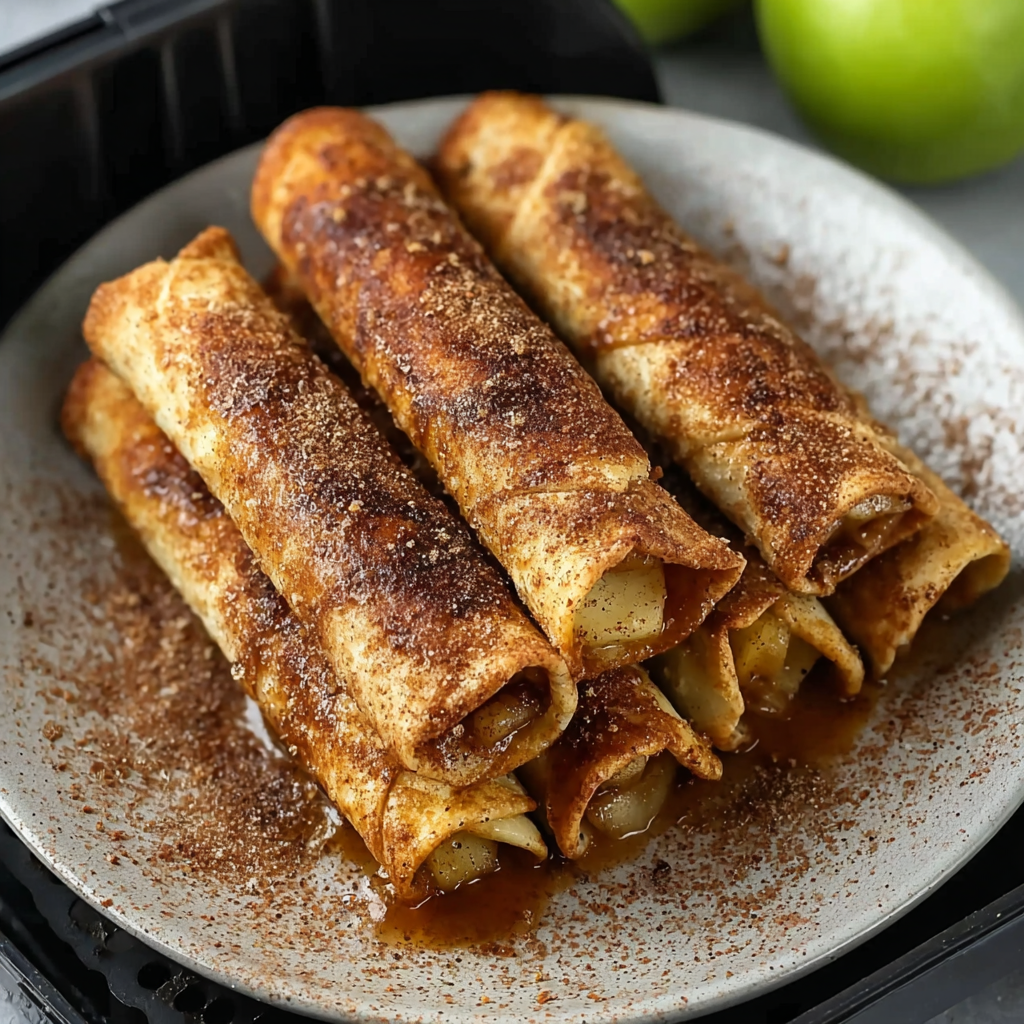 Air fryer apple pie taquitos on a cooling rack, golden and dusted with cinnamon sugar
