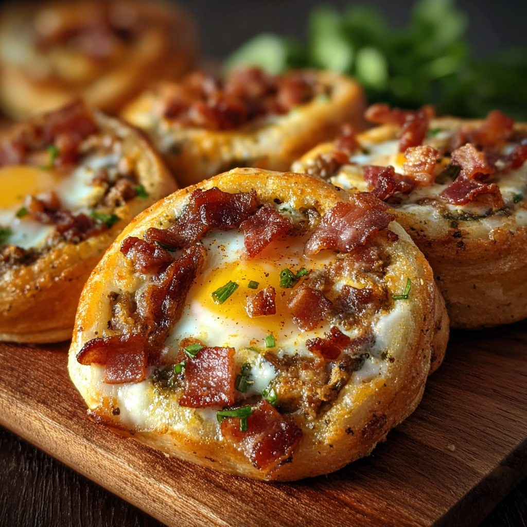 Close-up of sawmill gravy being spooned over breakfast muffin pizzas