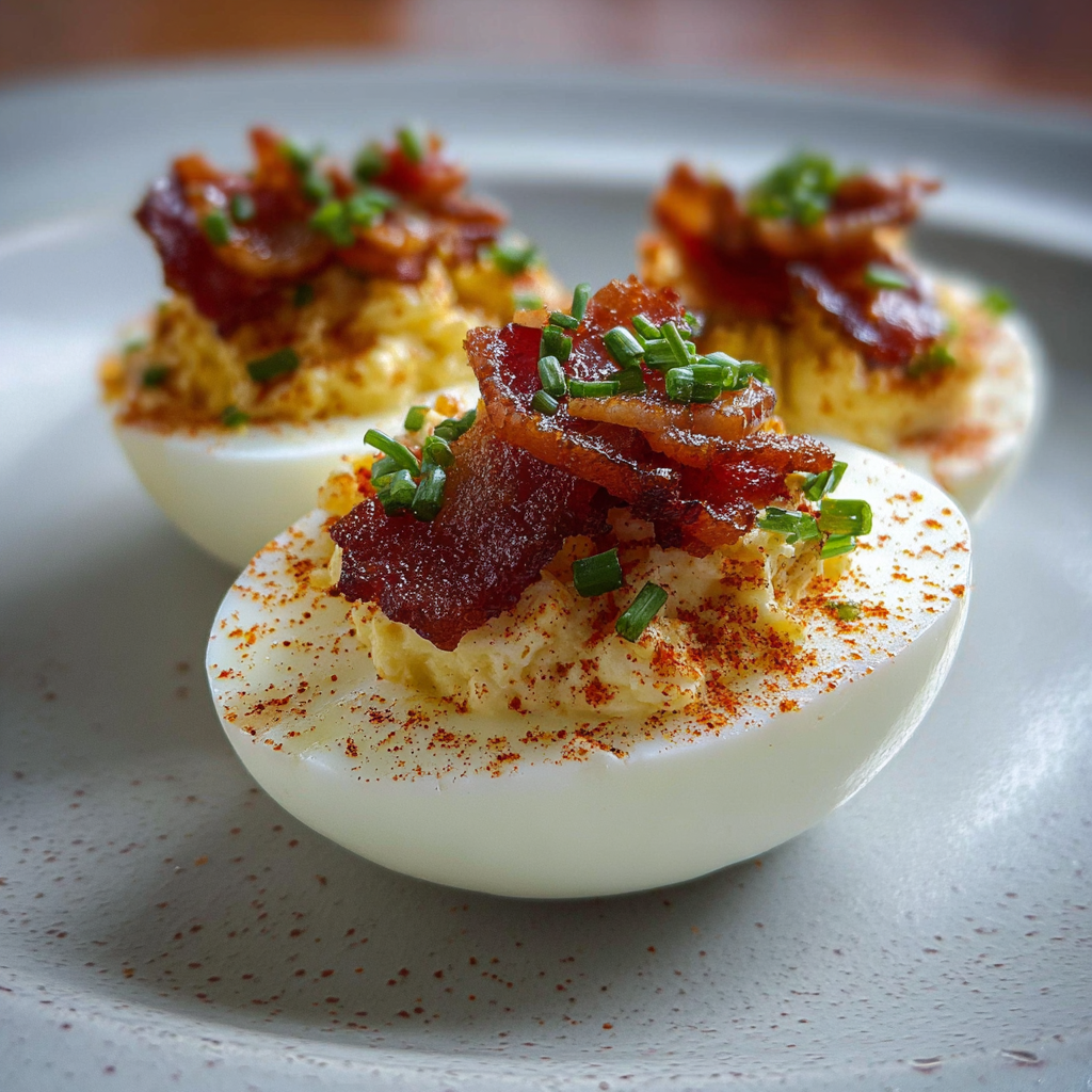 Boiled eggs topped with bacon and paprika