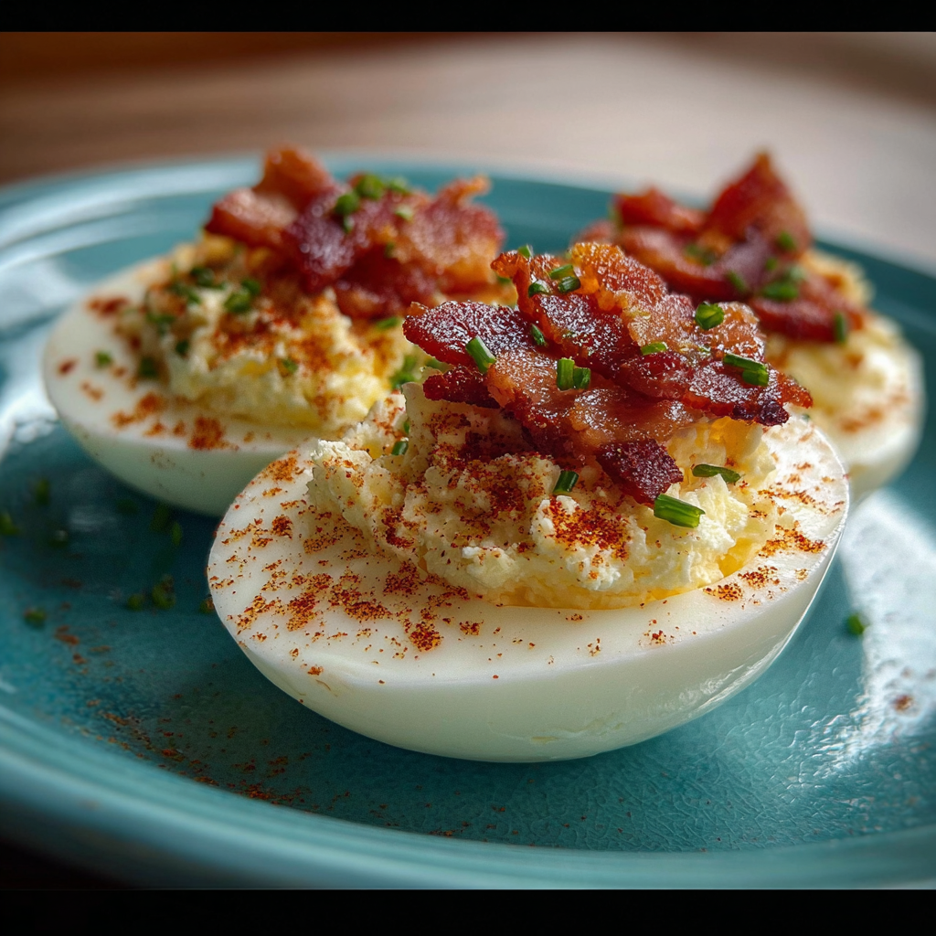 Boiled eggs with bacon on a serving plate