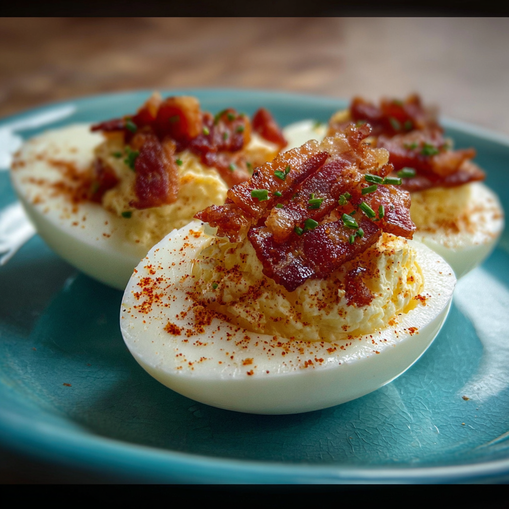 Close-up of a filled egg with chives and paprika
