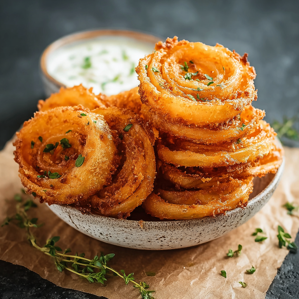 Crispy onion ring chips fresh from fryer