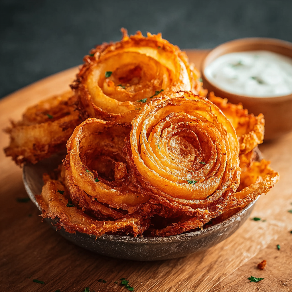 Onion rings plated with dipping sauce