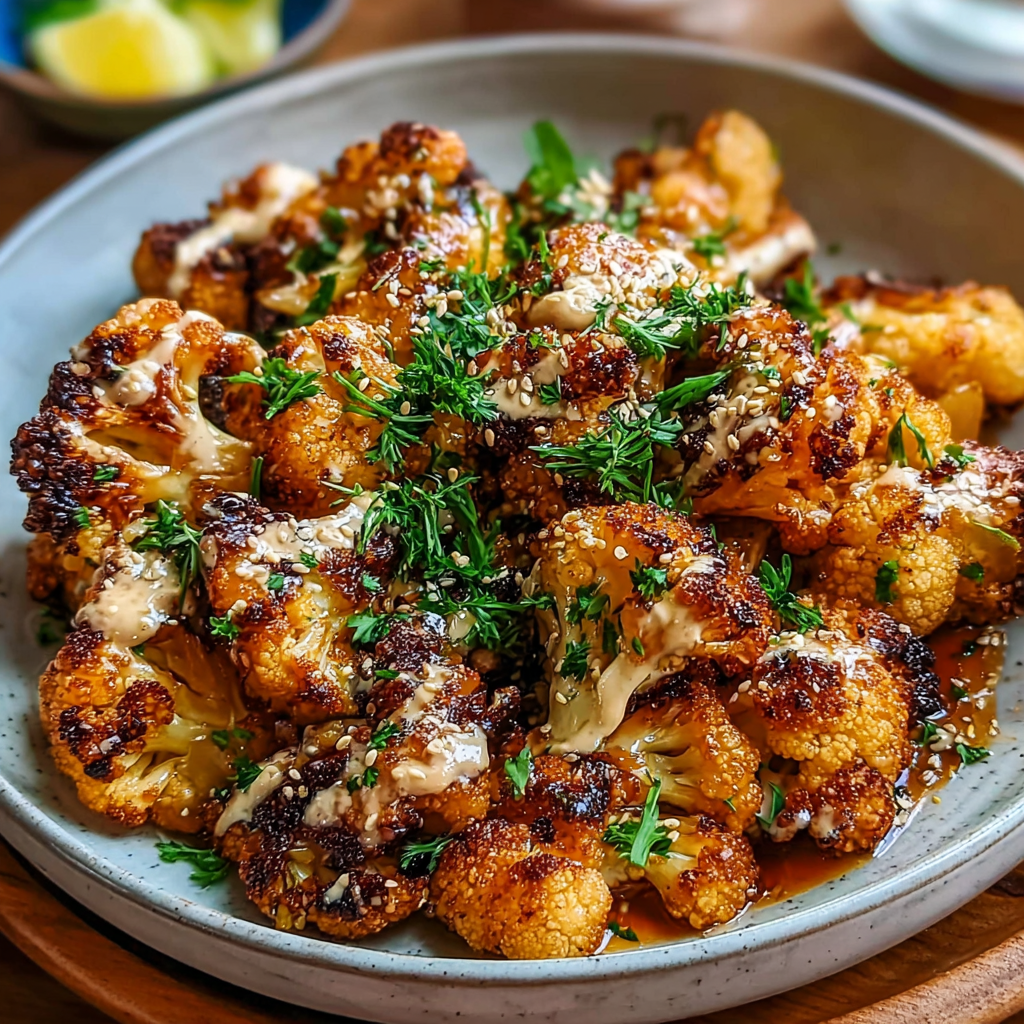 Roasted Moroccan cauliflower on a serving plate