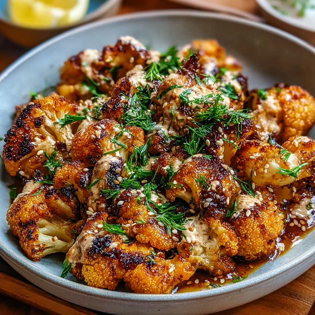 Close up of tahini drizzle over roasted cauliflower
