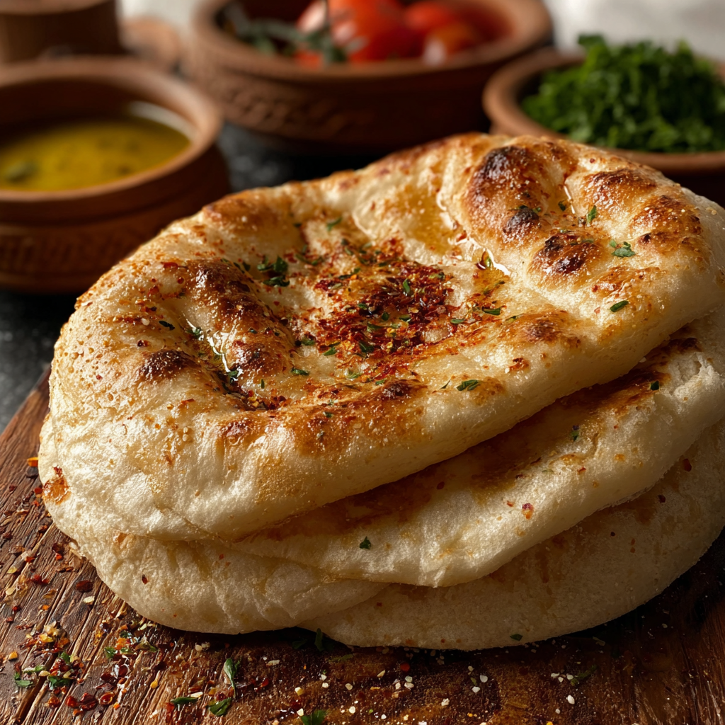 Finished Turkish flatbreads brushed with butter and parsley