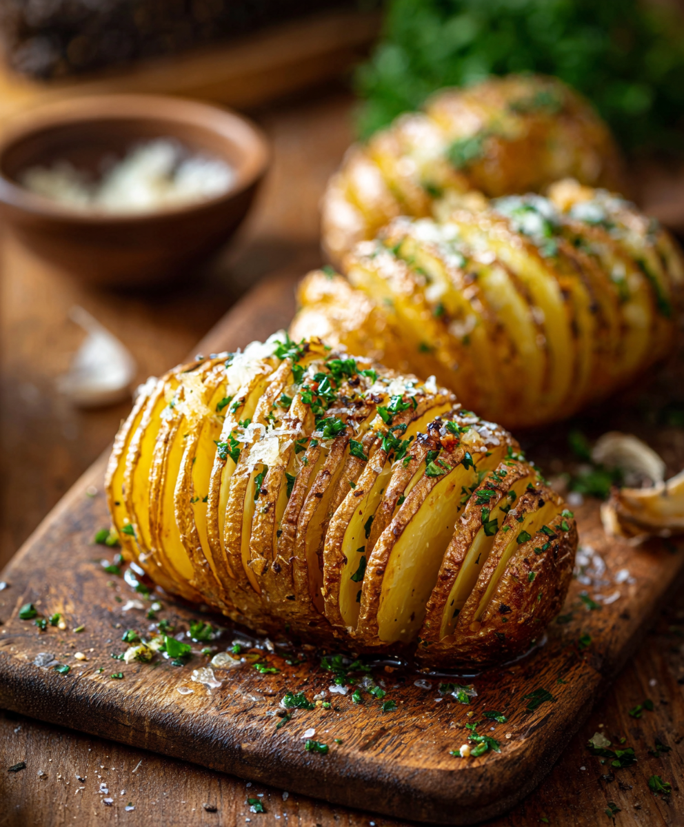 Hasselback potatoes on baking sheet