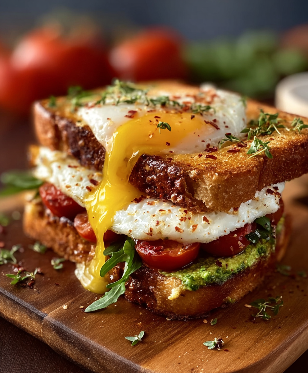 Mediterranean breakfast sandwich open-faced with avocado and egg