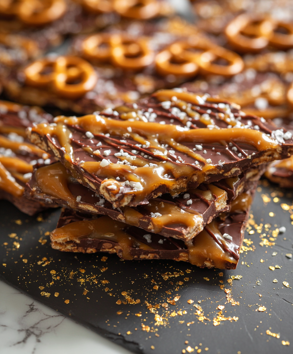 Close-up of broken pieces of salted caramel pretzel bark