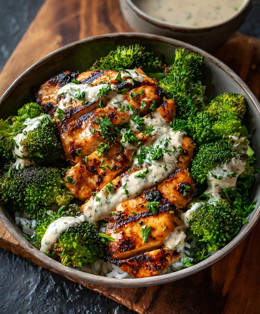 Grilled chicken sliced on grains with broccoli