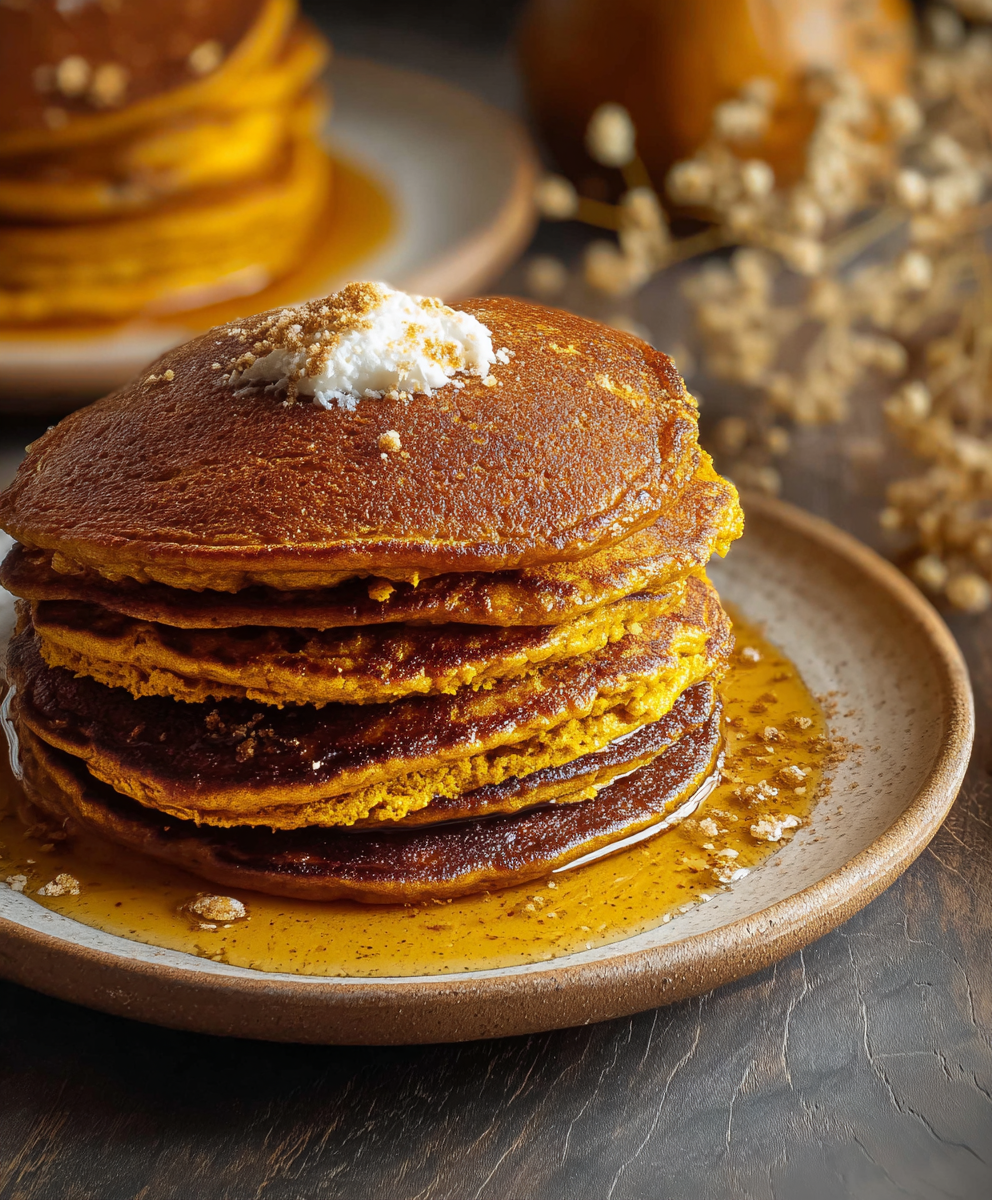 stack of pumpkin pancakes with maple syrup