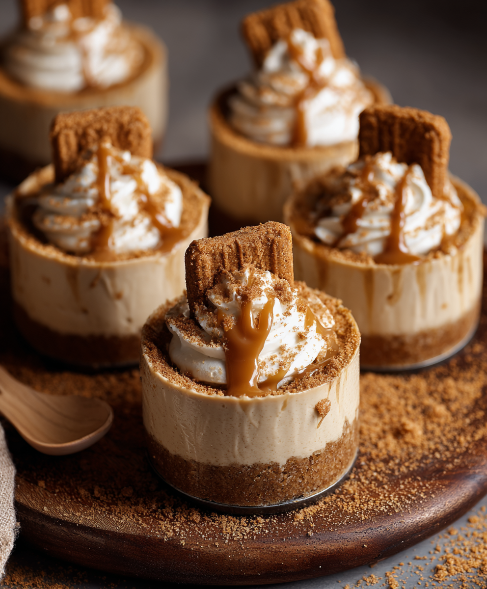 Close-up of layered Biscoff cups with crumble
