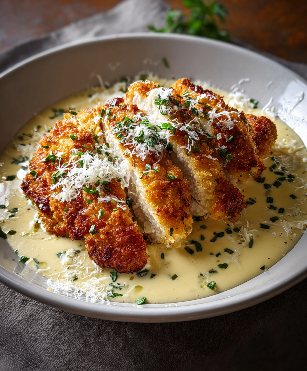 Crispy Parmesan Chicken with Garlic Cream Sauce