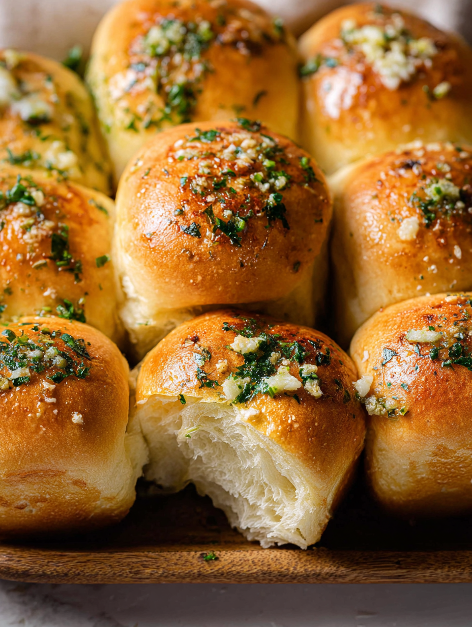 Tray of golden garlic bread rolls