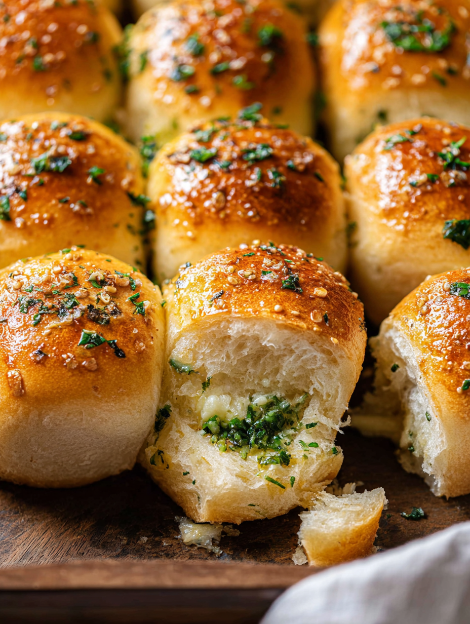 Close-up of a pulled garlic roll with parsley