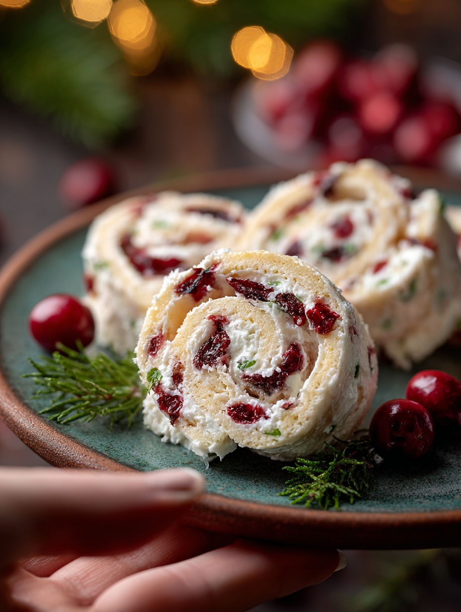 Rolled cranberry and feta tortilla log ready to slice