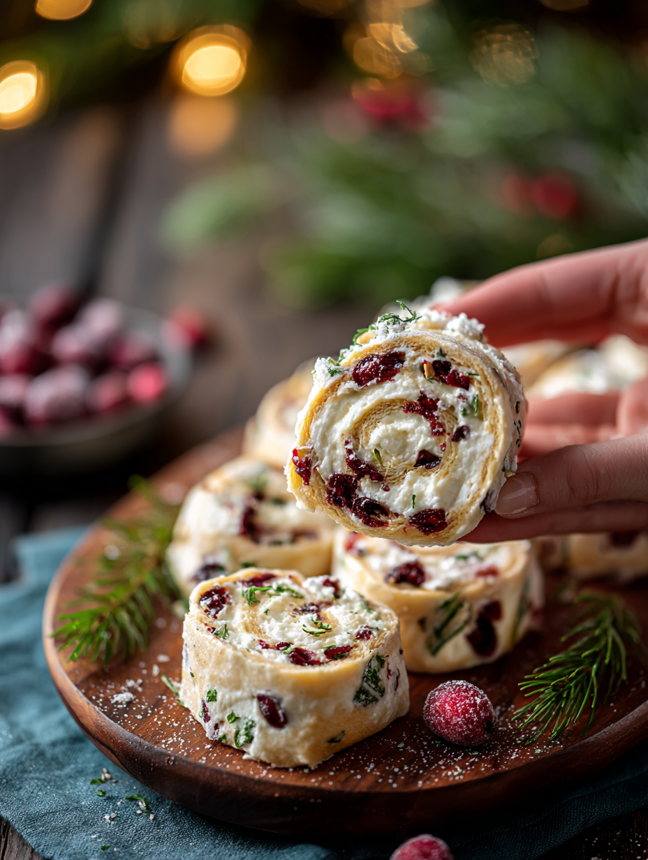 Sliced cranberry and feta pinwheel appetizers on a platter