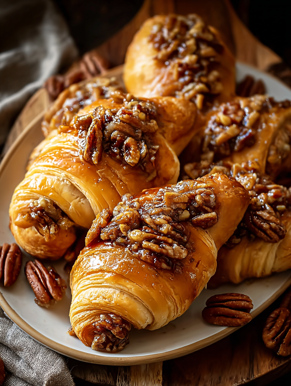 Pecan crescent rolls on a parchment-lined sheet