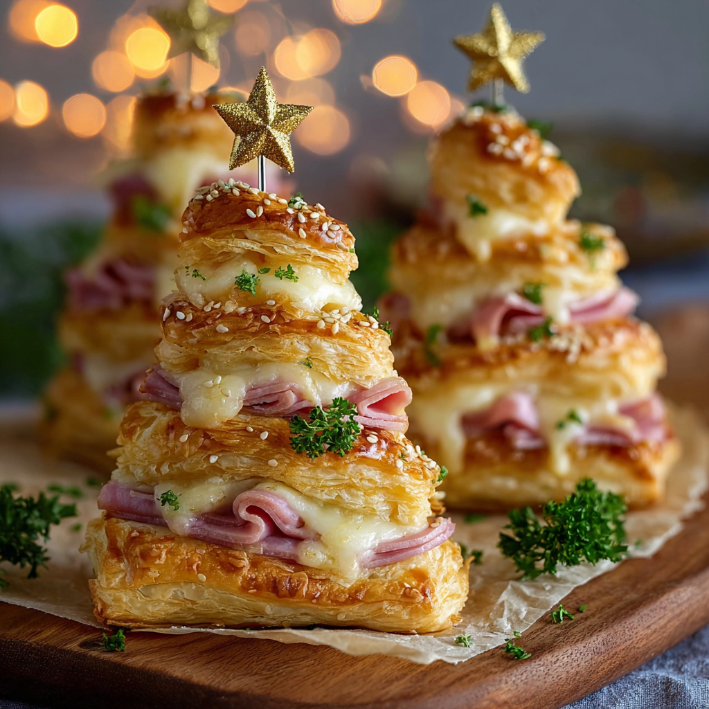 Ham and cheese puff pastry trees on baking sheet