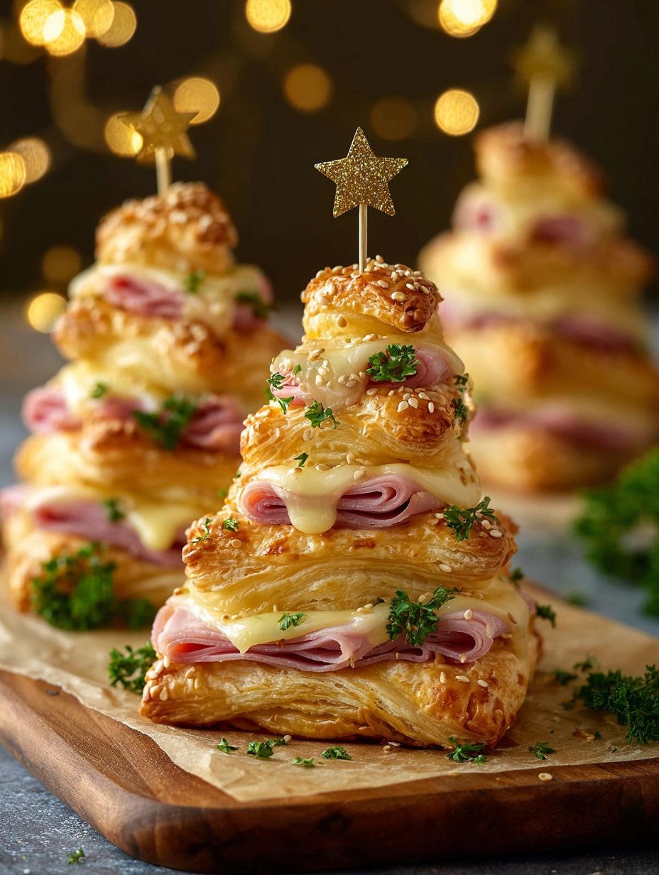 Close-up of golden puff pastry tree with sesame seeds