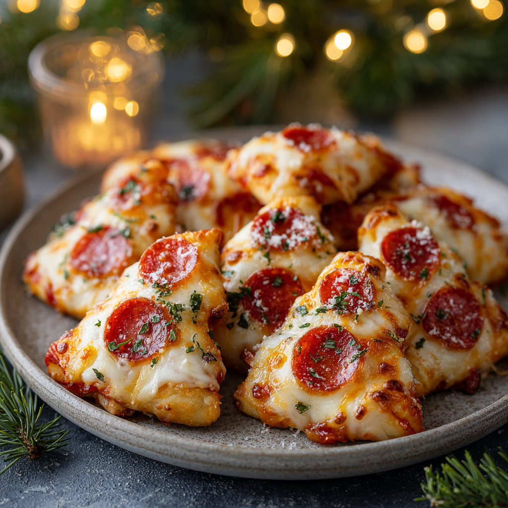 Christmas pizza bites arranged as a tree on a baking sheet