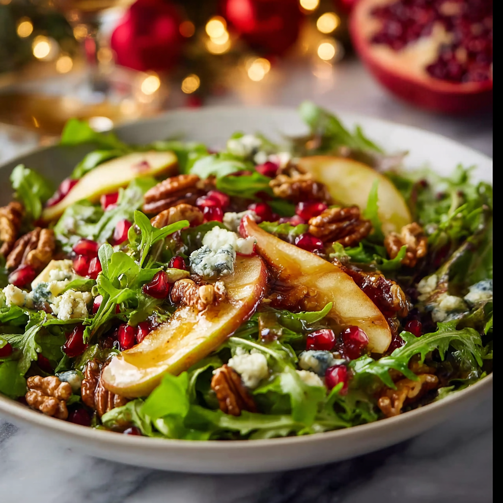 Bowl of mixed greens with pomegranate arils and walnuts