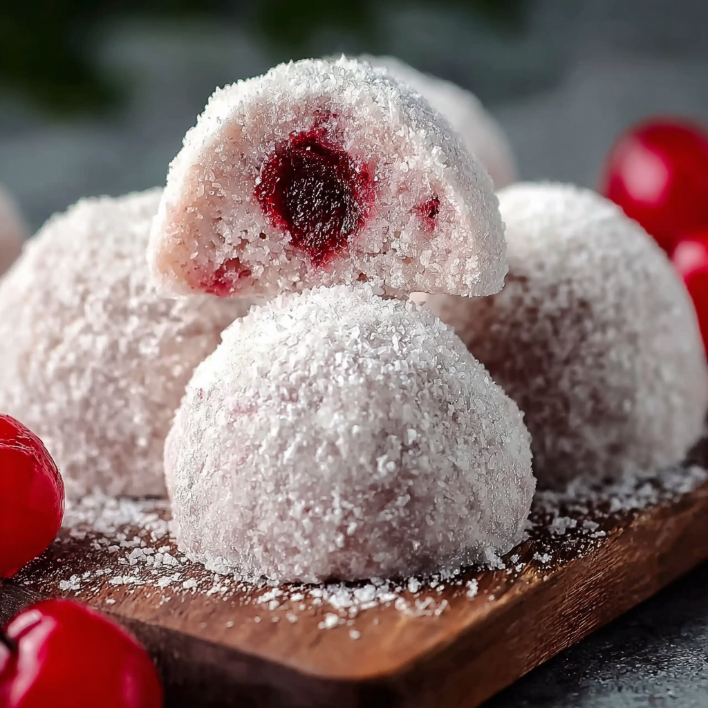Cherry snowball cookies on a cooling rack dusted with powdered sugar