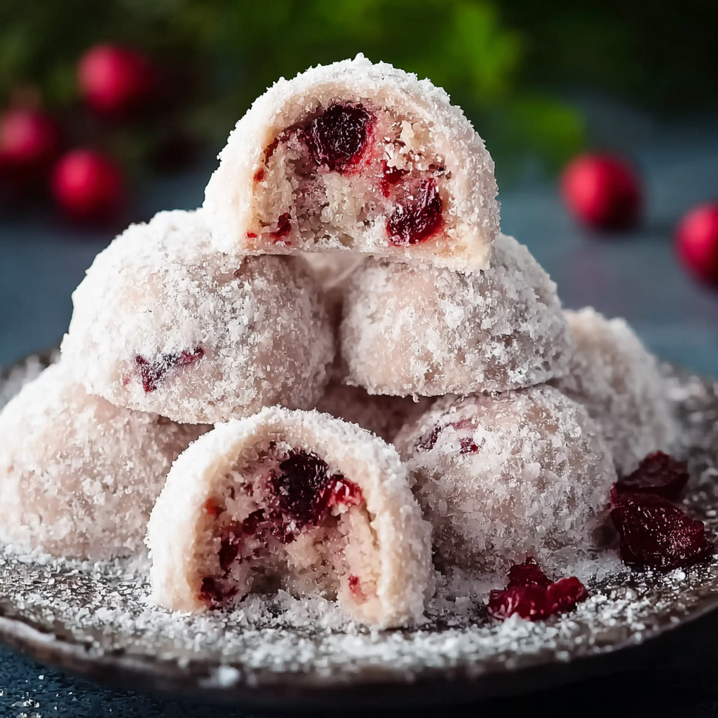 Close-up of a single cherry snowball cookie with visible nut and cherry pieces