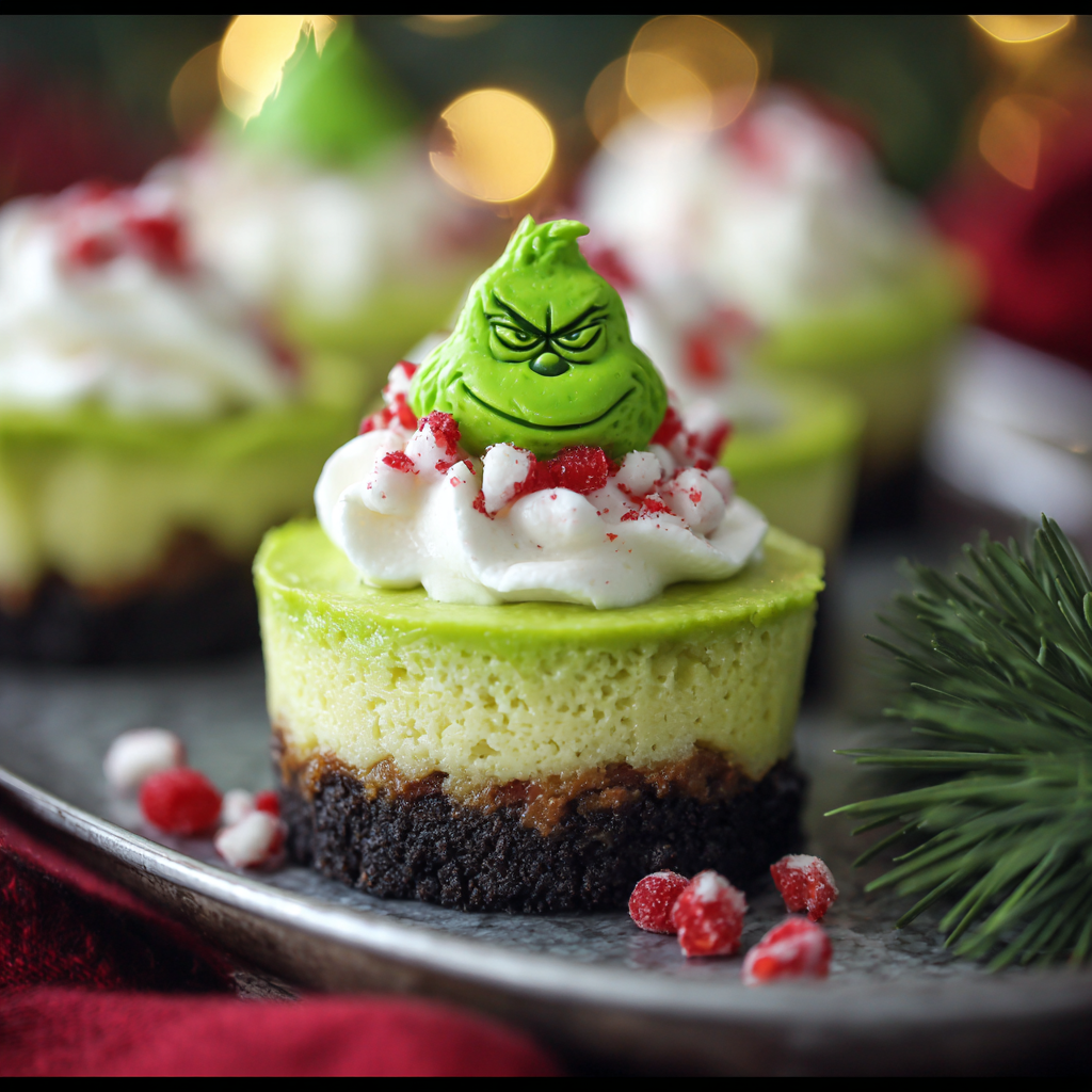 Grinch mini cheesecake on a cooling rack