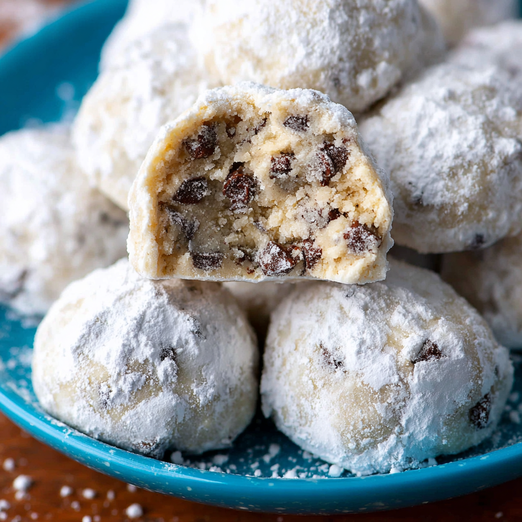 Plated snowball cookies dusted with sugar