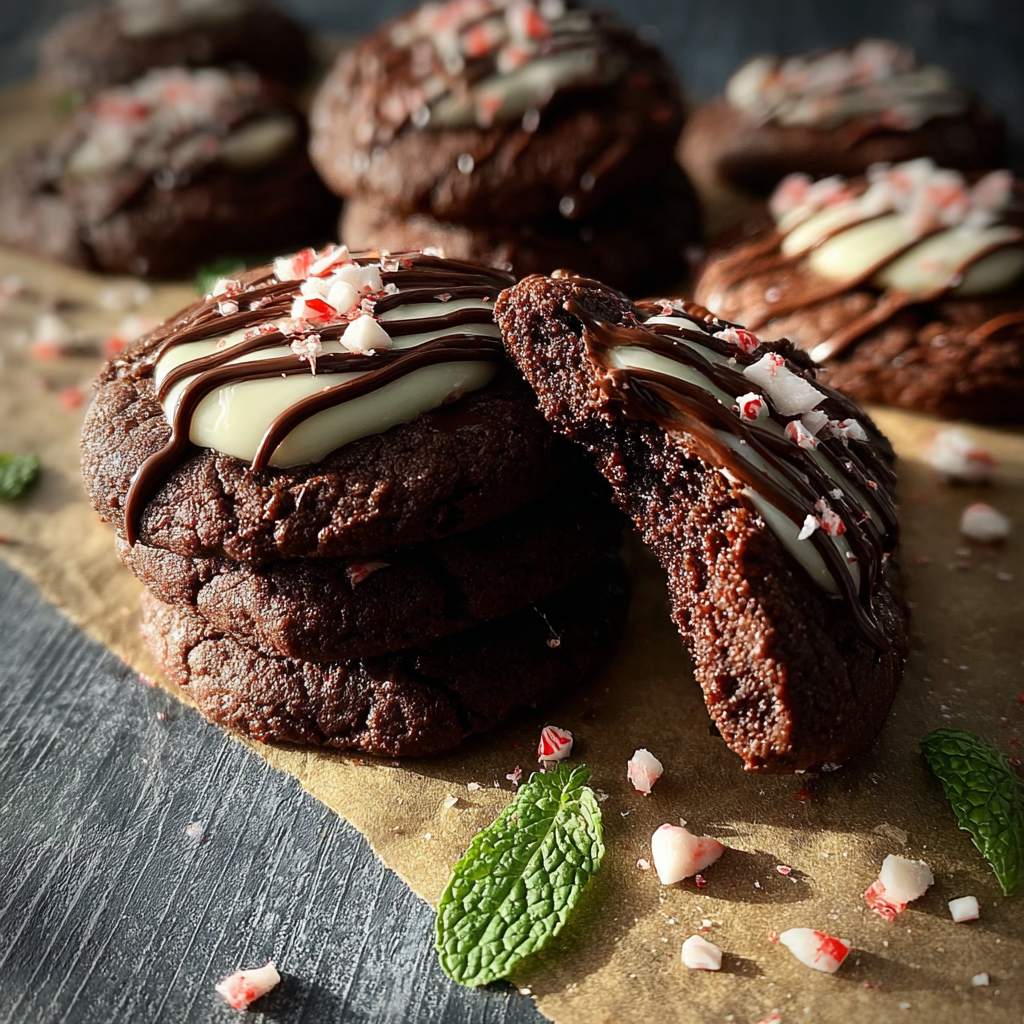 Chocolate mint cookies cooling on a rack