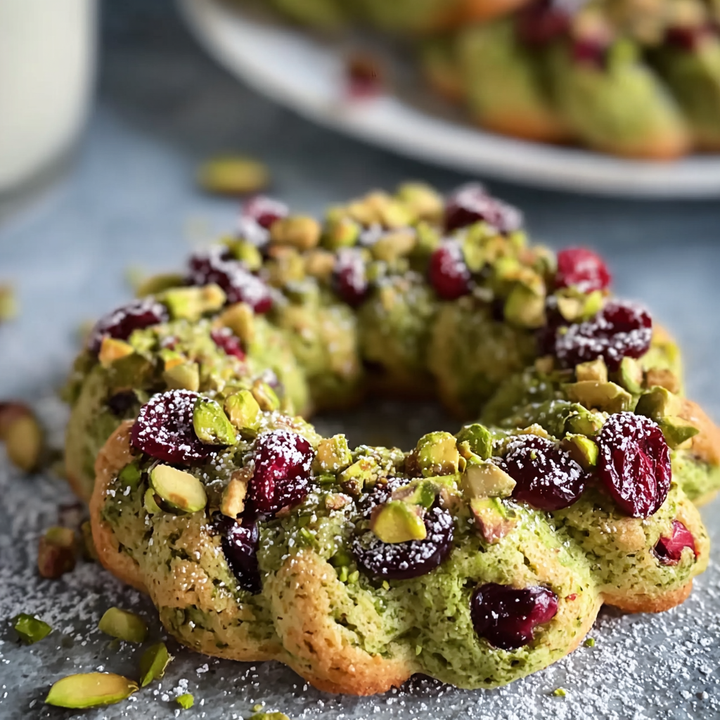 Pistachio cranberry wreath cookies on a baking sheet