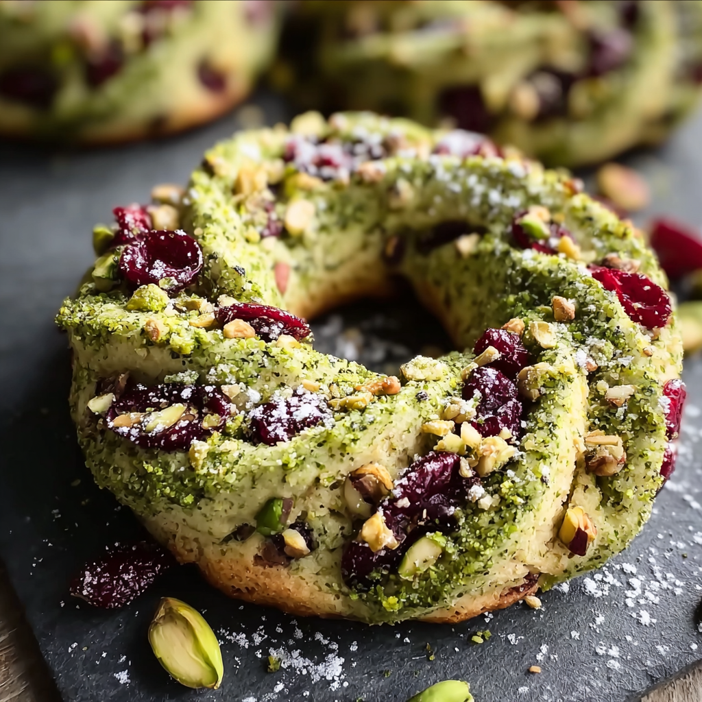 Close up of a single pistachio cranberry wreath cookie