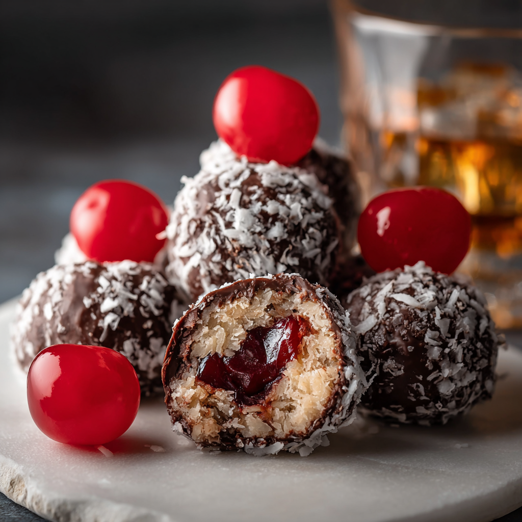 Cherry bourbon no-bake balls on parchment