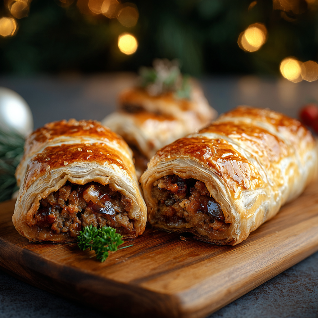 Christmas sausage rolls on a baking tray with golden pastry