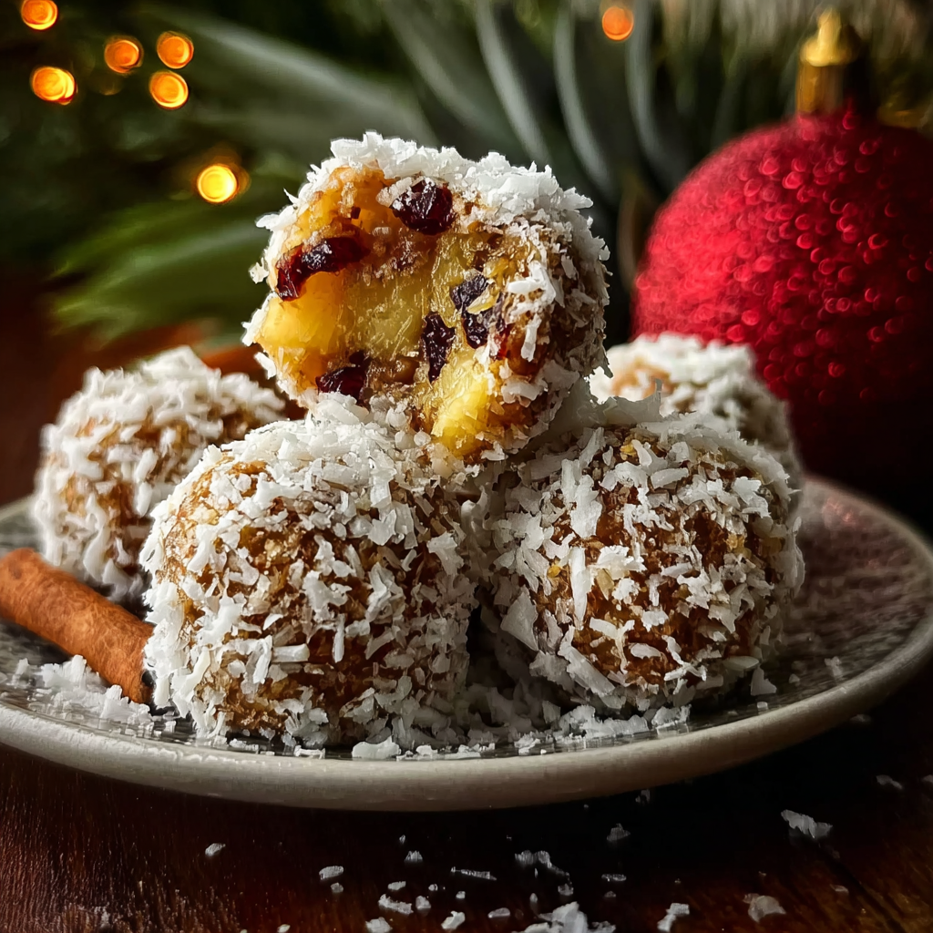 Closeup of a pineapple coconut ball on parchment