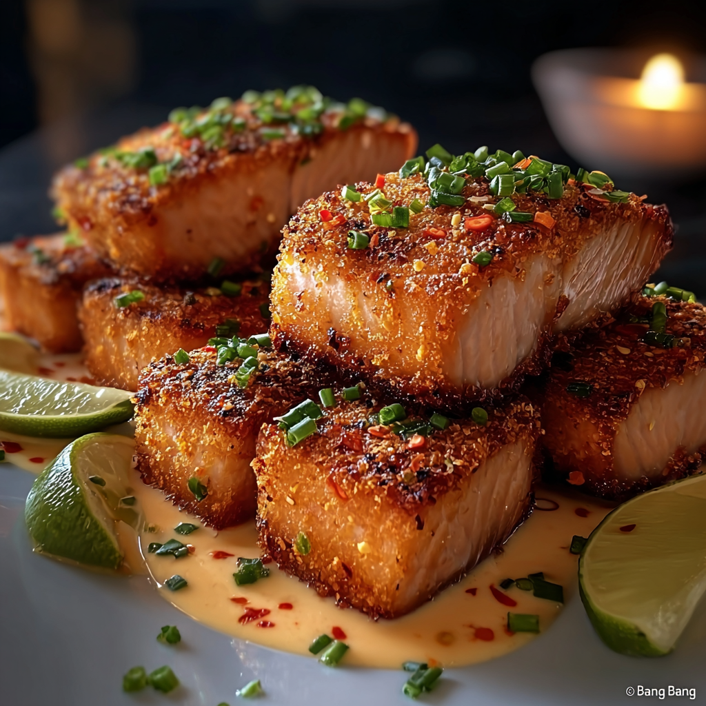 Bang Bang Crispy Salmon Fillets in a bowl with lime wedges
