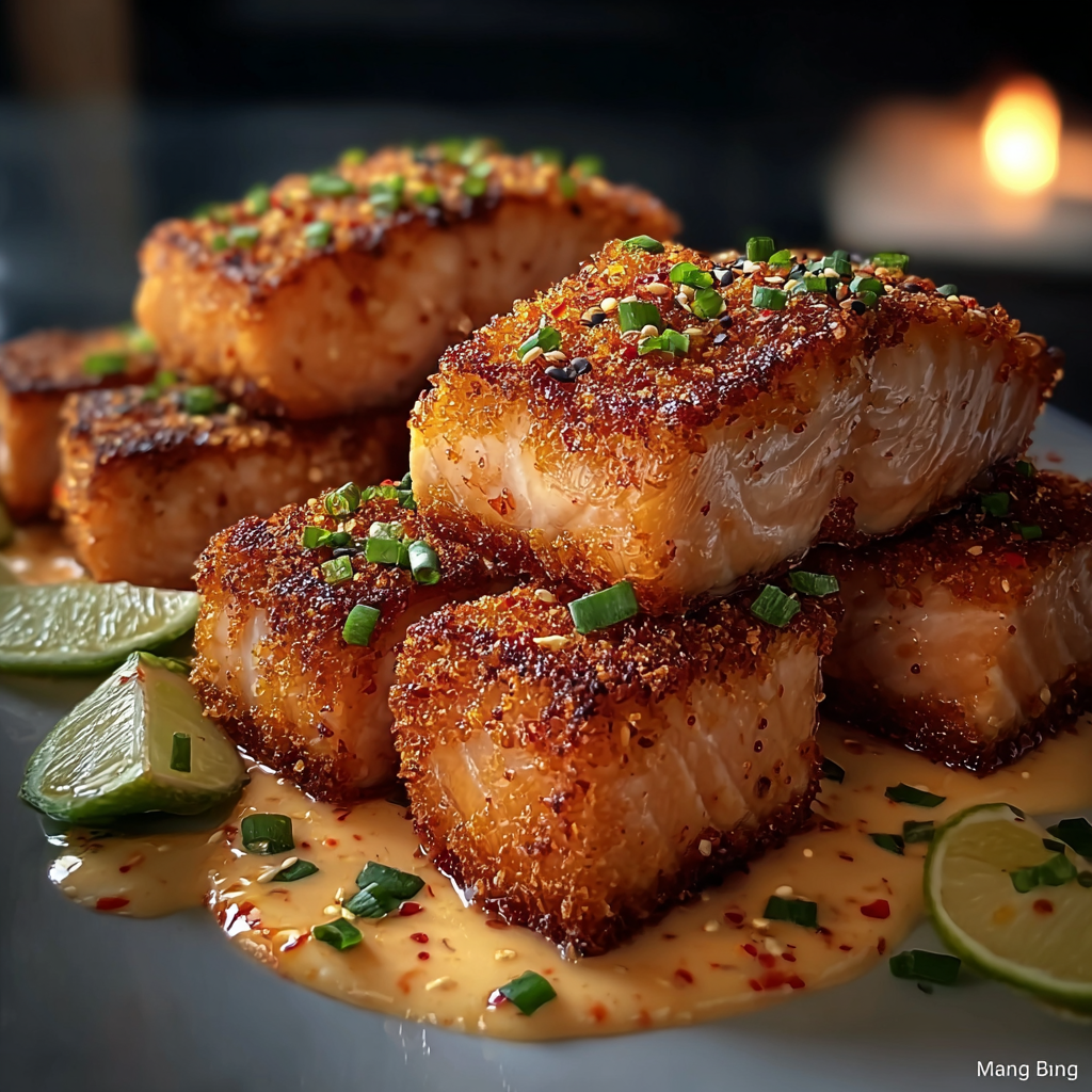 Close-up of crispy panko-coated salmon with Bang Bang sauce drizzle