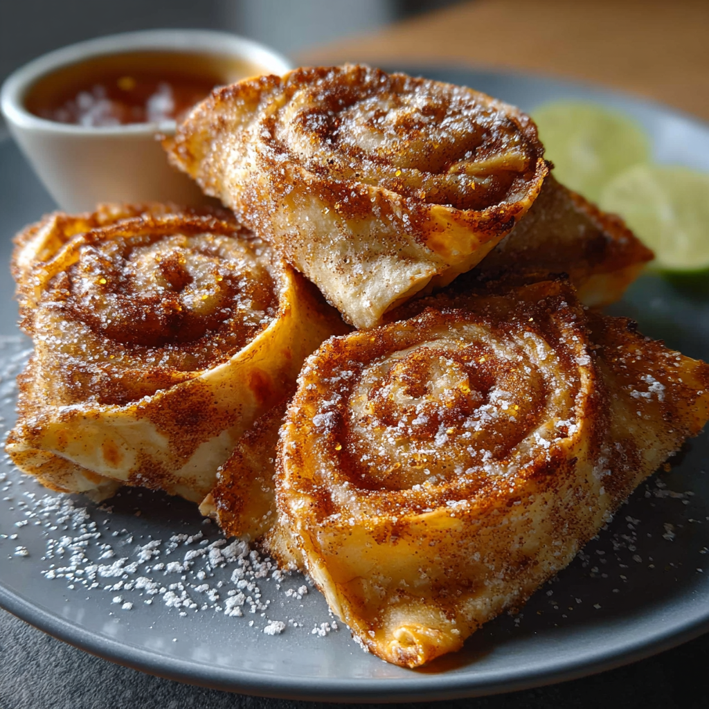 Cinnamon sugar cut tortilla spirals on a plate